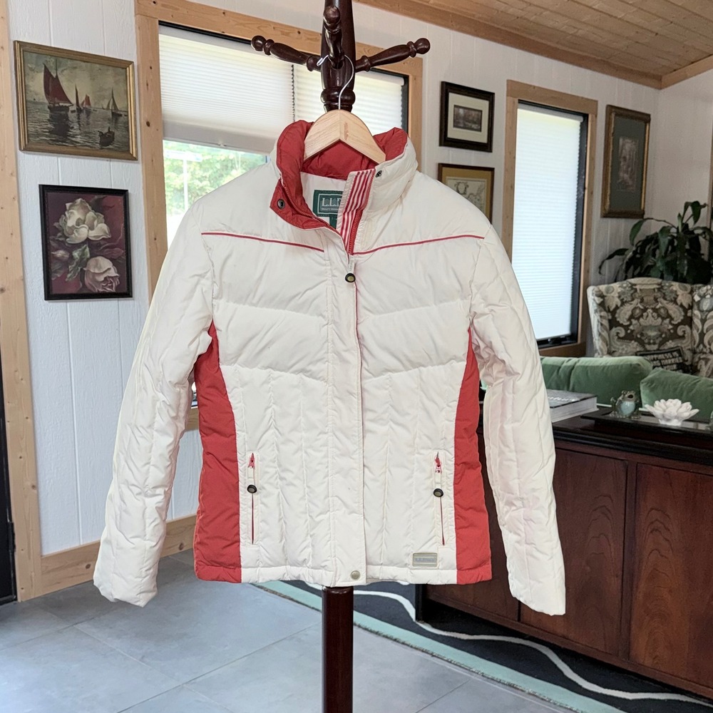 VTG L.L. Bean Goose Down Puffer Jacket Women's Small Cream Rust Red Ski Retro